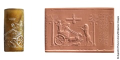 ペルシャの支配者ダリウス1世が狩りをしている様子が彫られた円筒形の印章と，粘土に押された印影。