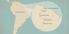 Mapa Jižní Ameriky. Ve zvětšeném výseku je vidět řeka Maroni a vesnice a městečka podél ní. Ve směru od severu na jih jsou to: Saint-Laurent du Maroni, Apatou, Grand Santi, Maripasoula a Antécume Pata.