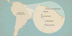 Mapa Ameryki Południowej i wstawka z zaznaczoną rzeką Maroni oraz położonymi nad nią miastami. Są to (z północy na południe): Saint-Laurent-du-Maroni, Apatou, Grand Santi, Maripasoula i Antecume Pata