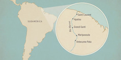 Mapa de Sudamérica donde se puede ver el río Maroní y una vista ampliada de algunos pueblos a lo largo del río. De norte a sur: Saint-Laurent, Apatou, Grand Santi, Maripasoula y Antecume-Pata.