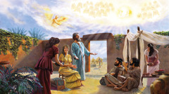 Job con su esposa y sus hijos cuando eran felices; Satanás entra en una reunión de Dios con sus ángeles fieles