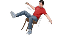 En ung mann sitter i en stol som tipper over fordi den bare har tre ben