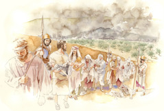 Babylonian soldiers taking Jewish men, women, and children into exile. Smoke rises from Jerusalem in the distance.