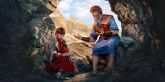 David y Jonatán están sentados a la entrada de una cueva. Jonatán está animando a David, que lo escucha con atención.
