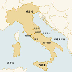 地圖顯示多麗娜·卡帕雷利去過的地方：威尼托、佩魯賈、特爾尼、佩斯卡拉、西西里、那不勒斯、羅馬、維泰博。