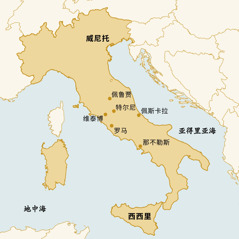地图显示多丽娜·卡帕雷利去过的地方：威尼托、佩鲁贾、特尔尼、佩斯卡拉、西西里、那不勒斯、罗马、维泰博。