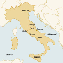 Italian kartta, johon on merkitty Dorina Caparellin elämäkerrassa mainittuja paikkoja: Veneto, Perugia, Terni, Pescara, Sisilia, Napoli, Rooma ja Viterbo.