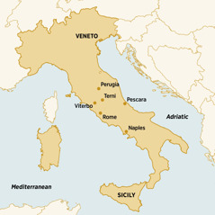 Mapa sang mga lugar sa Italya diin nag-istar, nag-preaching, kag nagtambong sing mga kombension si Dorina Caparelli: Veneto, Perugia, Terni, Pescara, Sicily, Naples, Rome, Viterbo.