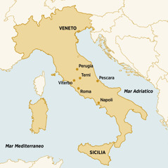 Una cartina che mostra dove Dorina Caparelli è vissuta, ha predicato e ha assistito a dei congressi: Veneto, Perugia, Terni, Pescara, Sicilia, Napoli, Roma e Viterbo.