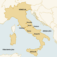 Žemėlapyje pažymėtos vietos, kur Dorina Kapareli gyveno, tarnavo ir kur dalyvavo kongresuose: Venecija, Perudža, Ternis, Peskara, Sicilija, Neapolis, Roma, Viterbas.