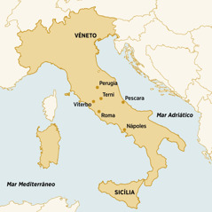 Um mapa mostrando os lugares na Itália em que Dorina Caparelli morou, pregou e assistiu a congressos: Vêneto, Perugia, Terni, Pescara, Sicília, Nápoles, Roma e Viterbo.