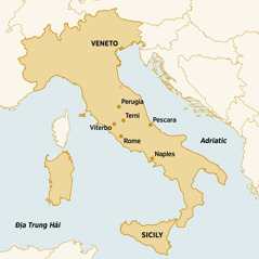 Một bản đồ nước Ý hiển thị những nơi chị Dorina Caparelli sống, rao giảng và tham dự hội nghị: Veneto, Perugia, Terni, Pescara, Sicily, Naples, Rome, Viterbo.