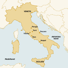 En karta över Italien. Den visar flera platser där Dorina Caparelli har varit på sammankomst, bott och predikat: Veneto, Perugia, Terni, Pescara, Sicilien, Neapel, Rom, Viterbo.