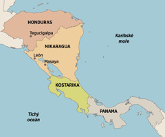 Mapa Střední Ameriky, na které je vidět, kde Elfriede žila a kázala: Tegucigalpa v Hondurasu, León a Masaya v Nikaragui, Kostarika a Panama