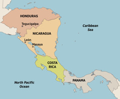 Mapa sang Central America nga nagapakita kon diin nag-istar kag nag-preaching si Elfriede: Tegucigalpa, Honduras; León kag Masaya, Nicaragua; Costa Rica; kag Panama.