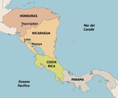 Una cartina dell’America Centrale che mostra i posti in cui Elfriede ha vissuto e predicato: Tegucigalpa (Honduras), León e Masaya (Nicaragua), Costa Rica e Panama.