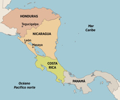 Un mapa de Centroamérica que muestra los lugares donde Elfriede vivió y predicó: Tegucigalpa, Honduras, León y Masaya, Nicaragua, Costa Rica y Panamá.
