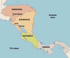 Mapa Srednje Amerike koja pokazuje gde je sve Elfrida živela i propovedala: Tegusigalpa, Honduras; Leon i Masaja, Nikaragva; Kostarika i Panama.