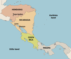 En karta över Centralamerika där man ser var Elfriede bott och gått i tjänsten: Tegucigalpa i Honduras; León och Masaya i Nicaragua; Costa Rica och Panama.