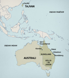 Një hartë e Australisë dhe Azisë Lindore, ku janë shënuar vendet në të cilat jetoi dhe predikoi Teri. Ato ishin: Tajpei, Tajvani; Gjiri i Karpentarisë, Klonkari, Makai, Glladstoni, Bundabergu në Kuinsland dhe Uellsi i Ri Jugor, Australi.