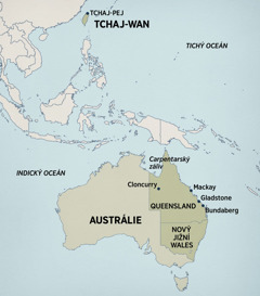 Mapa Austrálie a východní Asie, na které jsou vyznačená místa, kde Terry žil a kázal: Tchaj-pej a Tchaj-wan. Carpentarský záliv, Cloncurry, Mackay, Gladstone a Bundaberg v Queenslandu v Austrálii. Nový Jižní Wales v Austrálii.