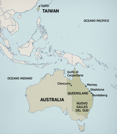 Eine Karte von Australien und Ostasien, auf der Orte markiert sind, in denen Terry gelebt und gepredigt hat. Dazu gehörten: Taipeh (Taiwan), Golf von Carpentaria, Cloncurry, Mackay, Gladstone und Bundaberg in Queensland (Australien) sowie Neusüdwales (Australien).