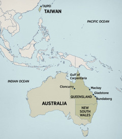 A map of Australia and eastern Asia, marked with places where Terry lived and preached, which includes: Taipei, Taiwan; Gulf of Carpentaria, Cloncurry, Mackay, Gladstone, and Bundaberg in Queensland, Australia; and New South Wales, Australia.