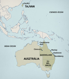 Ausztrália és Kelet-Ázsia térképe, amelyen jelölve van, hogy Terry hol élt és prédikált. Tajvan: Tajpej; Ausztrália: Carpentaria-öböl, Cloncurry, Mackay, Gladstone, Bundaberg (Queensland állam) és Új-Dél-Wales állam.