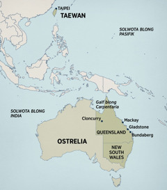 Wan map blong Ostrelia mo is blong Esia, we i soemaot ol ples we Terry i laef mo i prij long hem, hemia: Taipei long Taewan, Galf blong Carpentaria, Cloncurry, Mackay, Gladstone, mo Bundaberg long Queensland, long Ostrelia, mo New South Wales long Ostrelia.