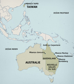 Karte ya Australie mpi Asie ya este; bo me tula bidimbu na bisika yina Terry zingaka mpi longaka nsangu, mu mbandu: Taipei, Taiwan; Golfe ya Carpentaria, Cloncurry, Mackay, Gladstone mpi Bundaberg na Queensland, na Australie; Nouvelle-Galles ya Sud, na Australie.