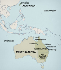 Kaartaa Awustiraaliyaa fi Eeshiyaa dhihaa bakka Teeriin jiraatee fi itti lallabe mallattoon itti godhame: Taayippee, Taayiwaan; Galoo Galaana Karpentaariyaa, Kilaankurii, Maakaay, Gilaadiston, Bundaabergi Kuwiinsilaandi Awustiraaliyaa, Niiwu Saawuz Weels, Awustiraaliyaa.