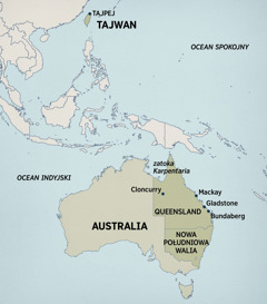 Mapa Australii i wschodniej Azji, na której zaznaczono, gdzie Terry mieszkał i głosił: Tajpej na Tajwanie; zatoka Karpentaria, Cloncurry, Mackay, Gladstone i Bundaberg w australijskim stanie Queensland; stan Nowa Południowa Walia.