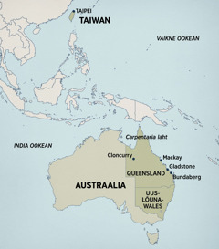 Maakaart, millel on Austraalia ja Aasia idaosa; ära on märgitud kohad, kus Terry elas ja kuulutas: Taipei Taiwanil; Carpentaria laht, Cloncurry, Mackay, Gladstone ja Bundaberg Queenslandis Austraalias ja Uus-Lõuna-Wales Austraalias