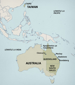 Mmapa wa Australia le botlhaba jwa Asia o tshwaile mafelo a Terry a neng a nna kwa go one le a a neng a rera kwa go one, a a akaretsang: Taipei, Taiwan; Letsha la Carpentaria, Cloncurry, Mackay, Gladstone, Bundaberg kwa Queensland, Australia le New South Wales kwa Australia.