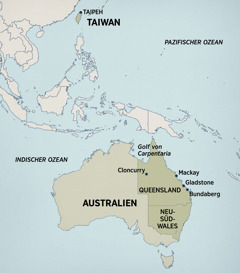 Eine Karte von Australien und Ostasien, auf der Orte markiert sind, in denen Terry gelebt und gepredigt hat. Dazu gehörten: Taipeh (Taiwan), Golf von Carpentaria, Cloncurry, Mackay, Gladstone und Bundaberg in Queensland (Australien) sowie Neusüdwales (Australien).