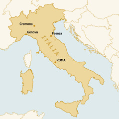 Un mapa d’Itàlia, amb els llocs que es mencionen en aquest article. 1) Cremona, 2) Gènova, 3) Faenza i 4) Roma.