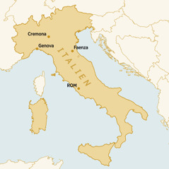 Et kort over Italien, markeret med de steder der nævnes i artiklen. 1. Cremona. 2. Genova. 3. Faenza. 4. Rom.