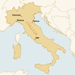 Mapa Italije na kojoj su označena mesta spomenuta u Irminoj životnoj priči. 1. Kremona. 2. Đenova. 3. Faenca. 4. Rim.