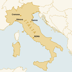 Un mapa d’Itàlia amb els llocs mencionats en l’article. 1) Cremona. 2) Gènova. 3) Faenza. 4) Roma.