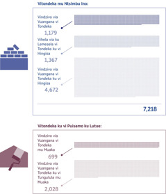 Vikupulo via litokokana: Vikasa via muesa vinumelu via Vindzivo via Vuangana vi tondeka ku vi tunga kaha na vikuavo vi ka tondeka ku lutue kuliya na ku livuezelela ca vakua ku ambulula. 1. Vindzivo via Vuangana vi tondeka: 1.179; Vihela via ku kungulukila vi tondeka ku vi hingisa: 1.367; Vindzivo via Vuangana vi tondeka ku hingamo: 4.672; Total: 7.218. 2. Vindzivo via Vuangana vi tondeka ku vi tunga muaka ku muaka: 699; Vindzivo via Vuangana vi tondeka ku vi vuahesa muaka ku muaka: 2.028.