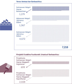 Fakkii: Giraafa Galmawwan Walgaʼii yeroo ammaatti barbaachisanii fi Galmawwan Walgaʼii guddina fuulduratti jiraatuuf barbaachisan argisiisu. 1. Galmawwan Walgaʼii haaraa barbaachisan: 1,179; Iddoowwan Walgaʼii jijjiiramuu qaban: 1,367; Galmawwan Walgaʼii jijjiiramuu qaban: 4,672; Waliigala: 7,218. 2. Pirojektoota Galmawwan Walgaʼii haaraa waggaatti hojjetaman: 699; Pirojektoota Galmawwan Walgaʼii haaraa waggaatti haareffaman: 2,028.