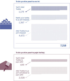 Fotoetik: Jun gráfica te ban ya yakʼ ta ilel te jayeb sNail tsoblejetik ya skʼan ya yichʼ pasel ta ora ini sok ta pajel chaʼbej. 1. Yachʼil sNail Tsoblej: 1,179; Naetik yuʼun tsoblej te ya yichʼ chaʼpasel: 1,367; sNail Tsoblej te ya yichʼ chaʼpasel: 4,672; Ta spisil: 7,218. 2.Yachʼil sNail Tsoblej ta jun jaʼbil: 699; sNail Tsoblej te ya yichʼ achʼubtesel ta jun jaʼbil: 2,028.