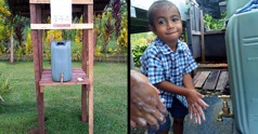 Collage: 1. An outdoor handwashing station consisting of a plastic bucket fitted with a tap. 2. A small boy and a brother use a similar handwashing station to wash their hands.